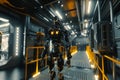 Black robot with glowing eyes walking in futuristic industrial corridor