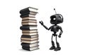 black Robot and a large stack of books on a white background.Knowledge of electronic intelligence.Training of robots and