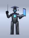 black robot teacher in graduation cap holding laptop online education artificial intelligence concept