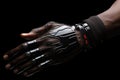A black robotic prosthetic hand. Future technology. Generative AI.