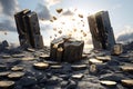 Black Rock Cobblestone Ruins Podium with Golden Nuggets. Elegant Modern 3D Render for Product Display