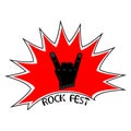 Black rock fest label , badge, crest rock and roll for flyer poster logo or t-shirt apparel clothing print. Cool hand gesture Royalty Free Stock Photo