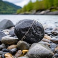 a black rock sitting on top of a pile of pebbles Royalty Free Stock Photo