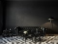 Black room interior with chester leather sofa and decor.