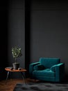 Black room interior with green velour armchair, wood floor, carpet and decor. Royalty Free Stock Photo