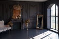 Black room interior with a vintage sofa, chandelier, mirror and fireplace