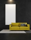 Black room with yellow couch