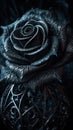 A black rose with gold leaves and a black background. Beautiful knitted rose black vantablack stem