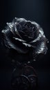 A black rose with gold leaves and a black background. Beautiful knitted rose black vantablack stem