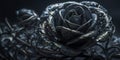 A black rose with gold leaves and a black background. Beautiful knitted rose black vantablack stem