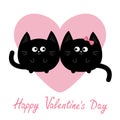 Black round Cat couple family icon. Pink heart. Cute funny cartoon character. Happy Valentines day Greeting card. Kitty Whisker