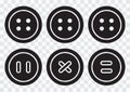 Black round clothing buttons with thread on transparent background. Vector