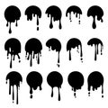 Black round dripping ink. Melt drip circle logo, oil messy stains. Liquid chocolate or caramel, graffiti style paint Royalty Free Stock Photo