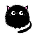 Black round fluffy cat icon. Face head body, tail. Fat kitten. Cute cartoon character. Kawaii baby pet animal. Notebook cover, Royalty Free Stock Photo