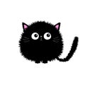 Black round fluffy kitten icon. Face head body, tail. Cat fat. Cute cartoon character. Kawaii baby pet animal. Notebook cover, Royalty Free Stock Photo