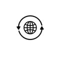 Black round globe with 2 sync arrows around icon, simple linear grid worldwide path shape flat design pictogram vector Royalty Free Stock Photo