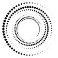 Black round halftone texture. Dotted radial swirl or tornado shape. Gradient circle.