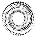 Black round halftone texture. Dotted radial swirl or tornado shape. Gradient circle.