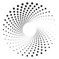 Black round halftone texture. Dotted radial swirl or tornado shape. Gradient circle.