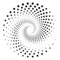 Black round halftone texture. Dotted radial swirl or tornado shape. Gradient circle.