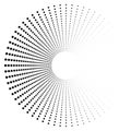 Black round halftone texture. Dotted radial swirl or tornado shape. Gradient circle.