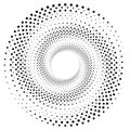 Black round halftone texture. Dotted radial swirl or tornado shape. Gradient circle.