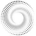 Black round halftone texture. Dotted radial swirl or tornado shape. Gradient circle.