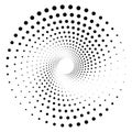 Black round halftone texture. Dotted radial swirl or tornado shape. Gradient circle.