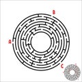 Black round maze. Game for kids. Children`s puzzle. Many entrances, one exit. Labyrinth conundrum. Simple flat vector illustratio