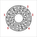 Black round maze. Game for kids. Children`s puzzle. Many entrances, one exit. Labyrinth conundrum. Simple flat vector illustratio