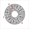 Black round maze. Game for kids. Children`s puzzle. Many entrances, one exit. Labyrinth conundrum. Simple flat vector illustratio