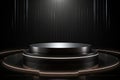 Black round podium on a dark background. 3d rendering mock up, Futuristic dark podium with light and reflection background, AI Royalty Free Stock Photo