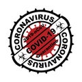 Black round stamp. Coronavirus covid -19 , 2019-nCoV quarantine with red virus cell on the background