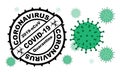 Black round stamp. Coronavirus covid -19 , 2019-nCoV quarantine with virus cells on the background