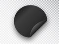 Black round sticker. Realistic circle adhesive sticker, tags with peeling corners. Vector blank price tag template with