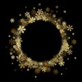 Black round winter background with beautiful golden snowflakes.