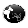 Black rounded label with symbol of dog and with text Pets.