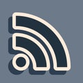 Black RSS icon isolated on grey background. Radio signal. RSS feed symbol. Long shadow style. Vector Royalty Free Stock Photo