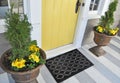 Black Rubber Ellipse Design Eyes Floor Door Mat outside home with yellow flowers and leaves