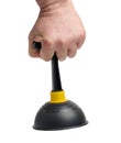 Black rubber plunger in a male hand on a white isolated background Royalty Free Stock Photo