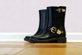 Black Rubber Rain Boots with Gold Buckles
