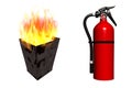 Trash can in fire. Extinguisher on white background