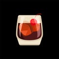 Black Russian cocktail with ice cubes and cherry vector illustration