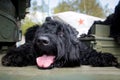 Black Russian Terrier, large and formidable on a tank Royalty Free Stock Photo