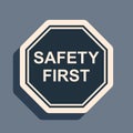 Black Safety First octagonal shape icon isolated on grey background. Long shadow style. Vector