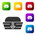 Black Sailor hat icon isolated on white background. Set icons in color square buttons. Vector