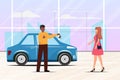 Black salesman giving a key from the car to a woman. Car purchase indoor scene with people.