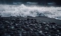 a black sand beach covered in lots of water and foamy waves crashing onto it\'s shore and a black san