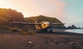 On the black sand beach, an eerie sight unfolds an abandoned airplane. Creating using generative AI tools