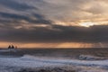Black Sand Beach Reynisfjara in Iceland. Morning Sky and Ocean Waves. Rocks in Water. Sunrise. Royalty Free Stock Photo